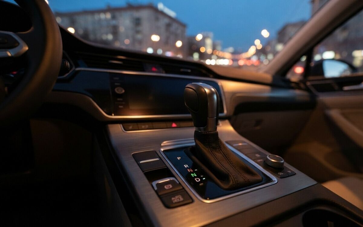 Close-up of an automatic gear selector in a car's centre console, with a city road at dusk through the windscreen