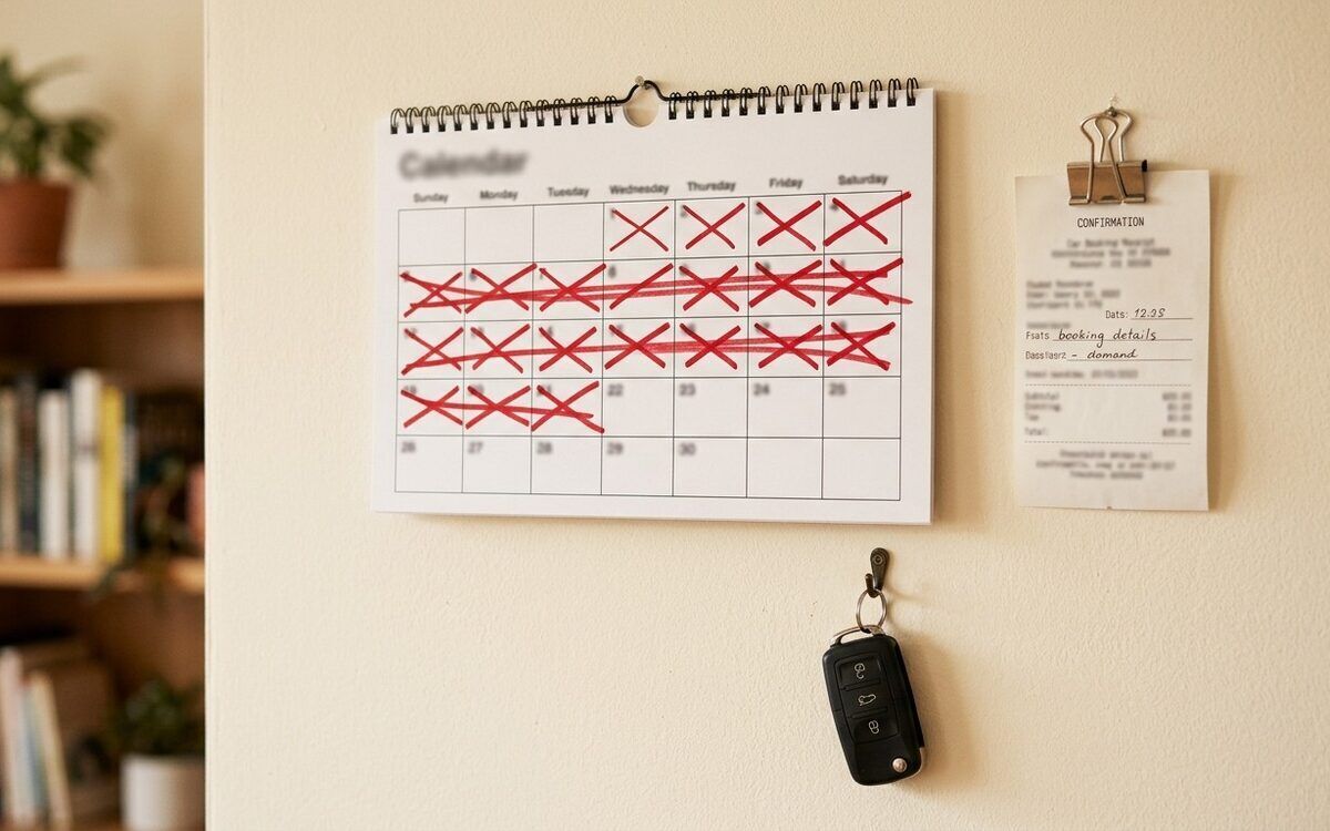 A wall calendar with weeks crossed off beside a car booking receipt and a key fob