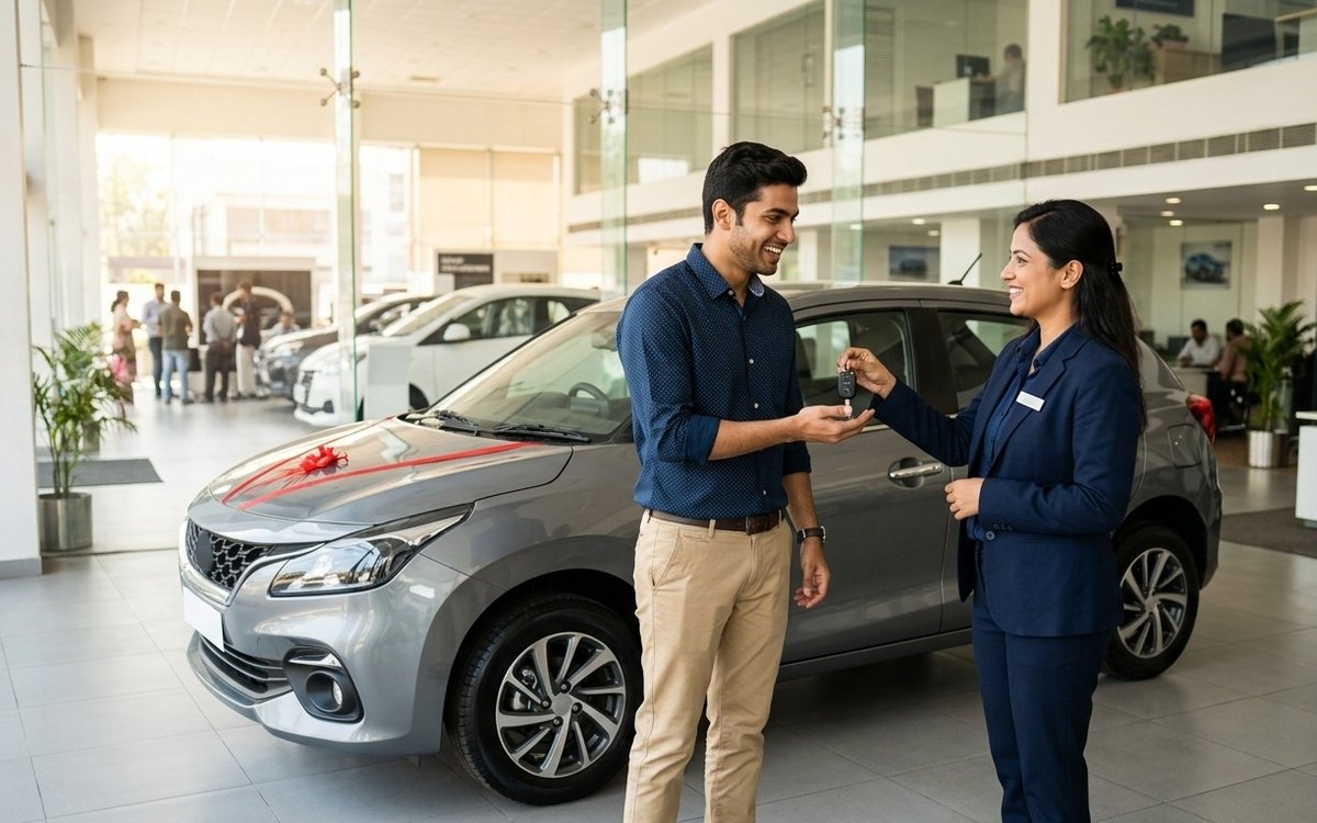 Smiling young Indian man receiving car keys from a saleswoman beside a new hatchback in a showroom