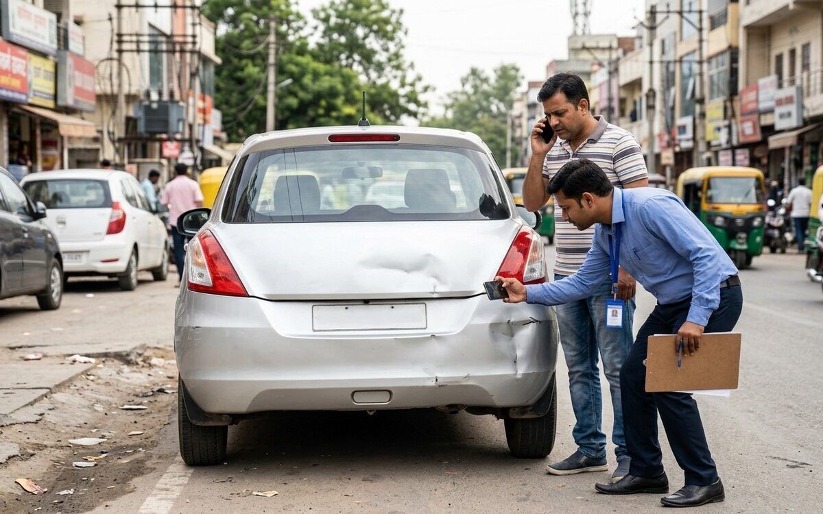 An insurance surveyor photographing a dented rear bumper while the owner is on the phone