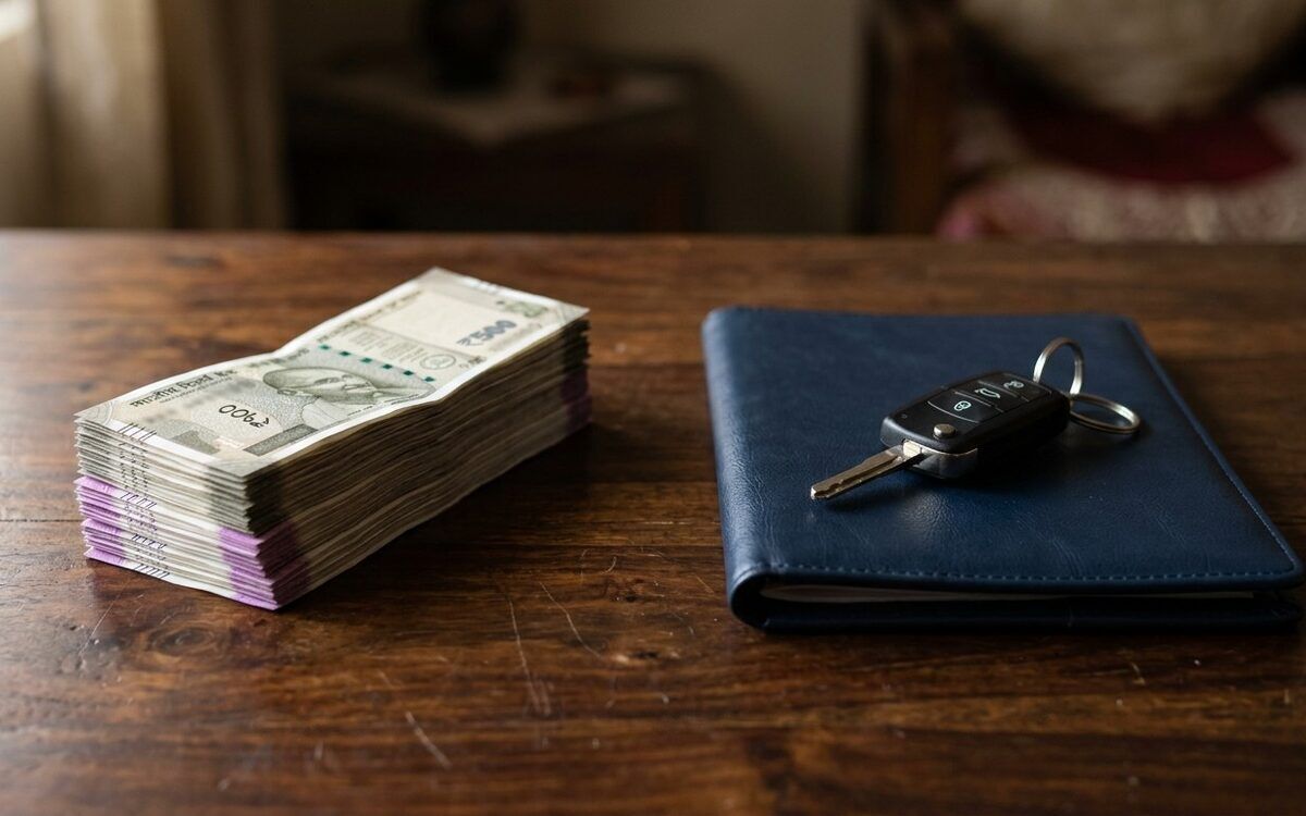 A stack of rupee notes beside a car key resting on a loan folder