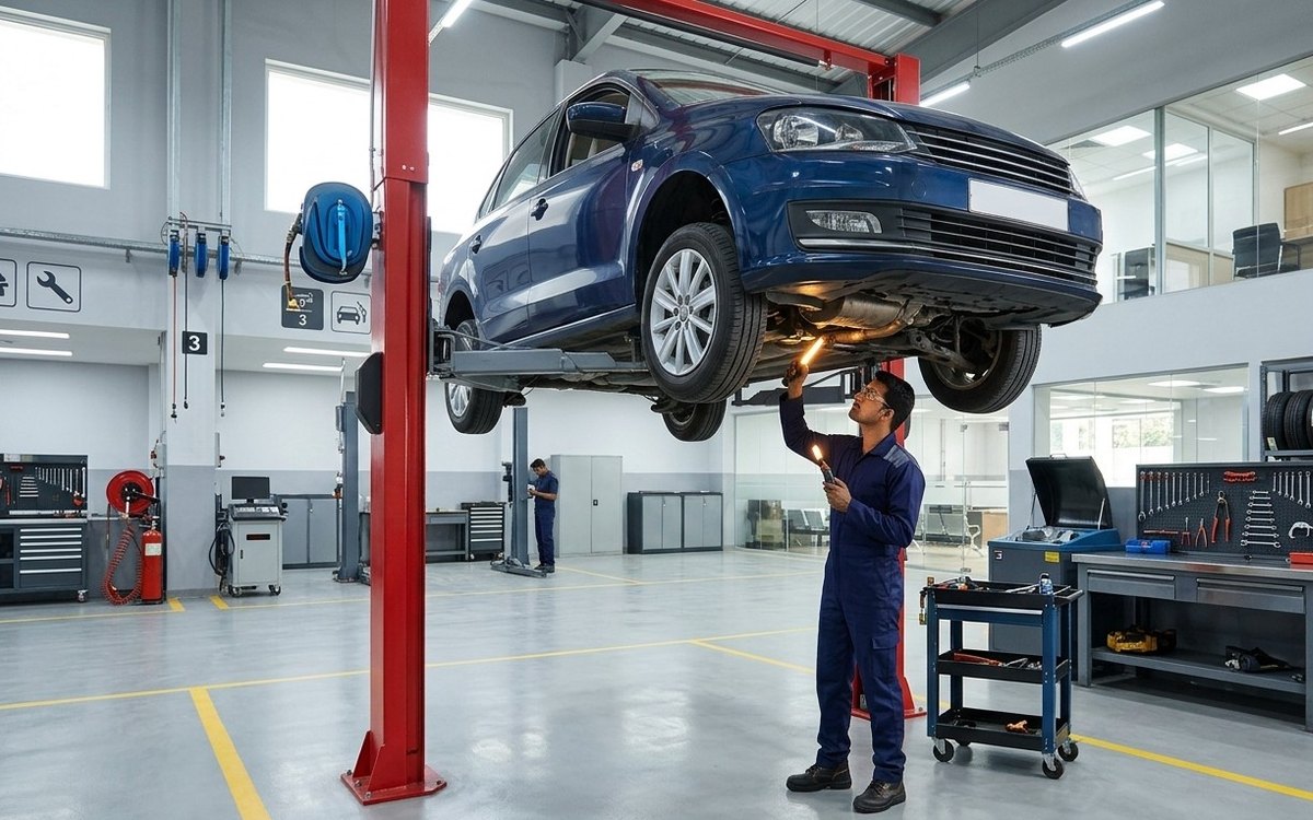 Car on a lift in a clean Indian service centre with a technician checking underneath, bright workshop