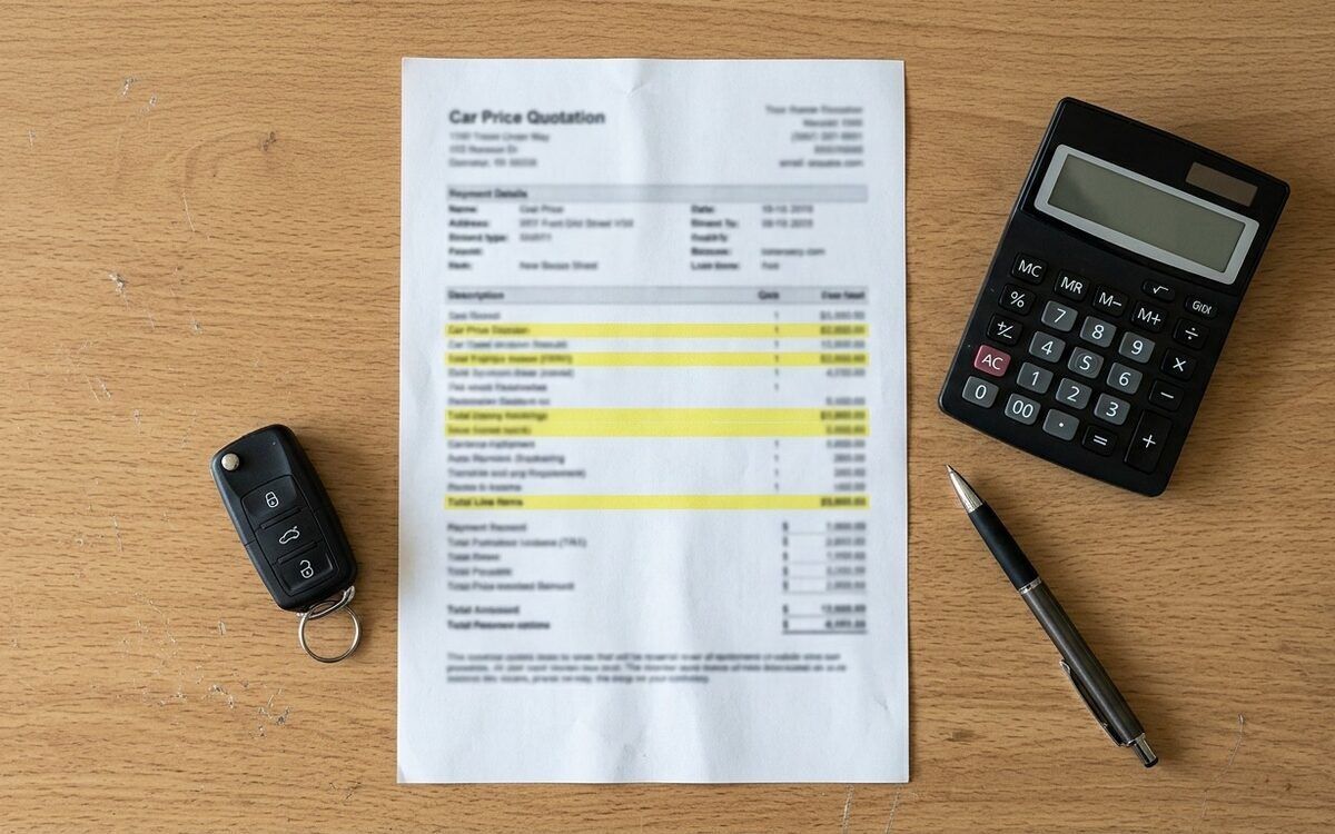 A car price quotation with highlighted line items, a calculator, a pen and a car key on a desk