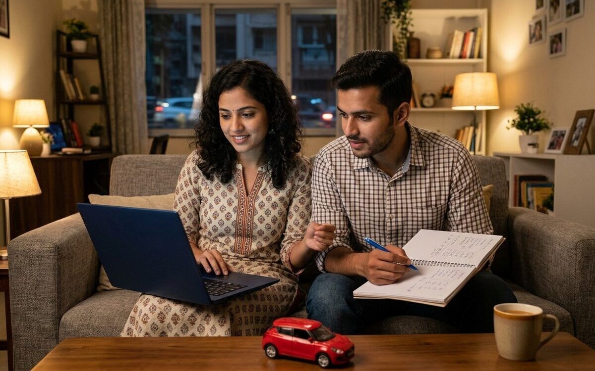 A couple on a sofa working out a car budget on a laptop and notebook, a toy car on the table