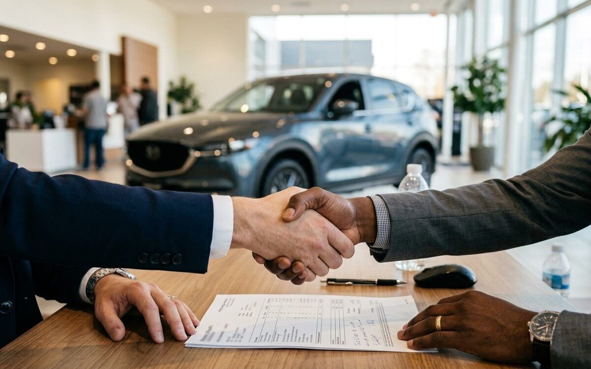 A handshake across a dealership desk over a printed price quote