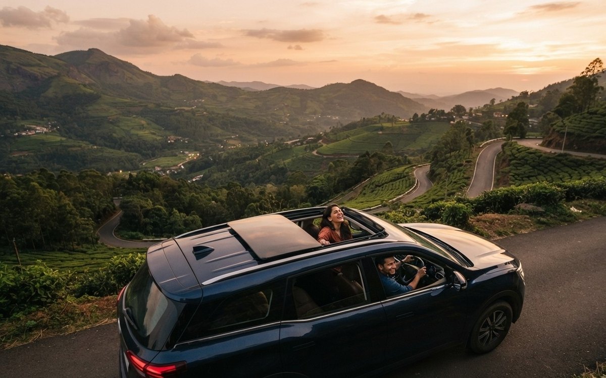 Young Indian couple in a car on a hill road at dusk with the panoramic sunroof open, soft golden light