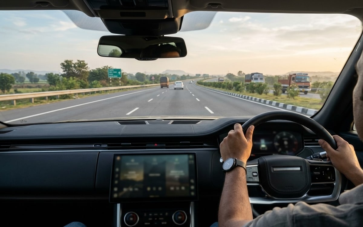 Driver's view of an Indian expressway at sunrise, hands on the wheel, light traffic and trucks ahead