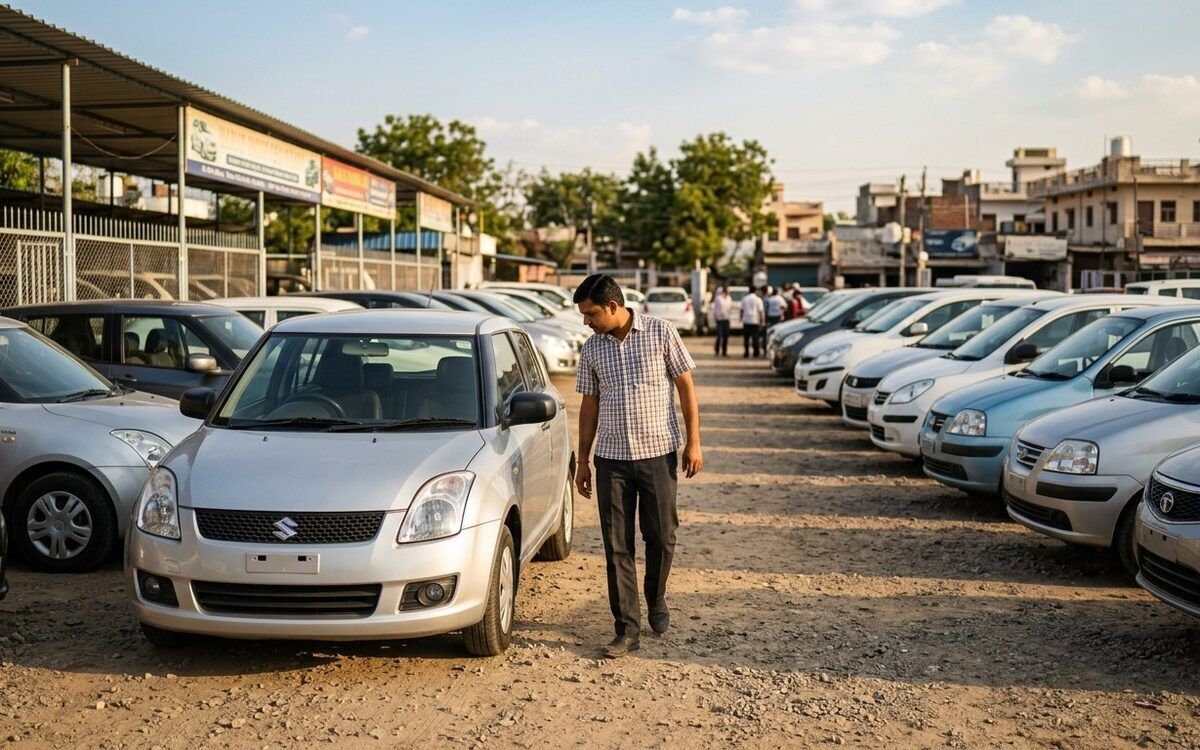 A buyer walking past a row of pre-owned hatchbacks at a used-car lot