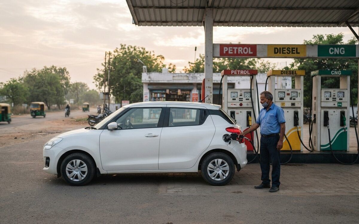 A white hatchback being refuelled at an Indian pump with petrol, diesel and CNG dispensers