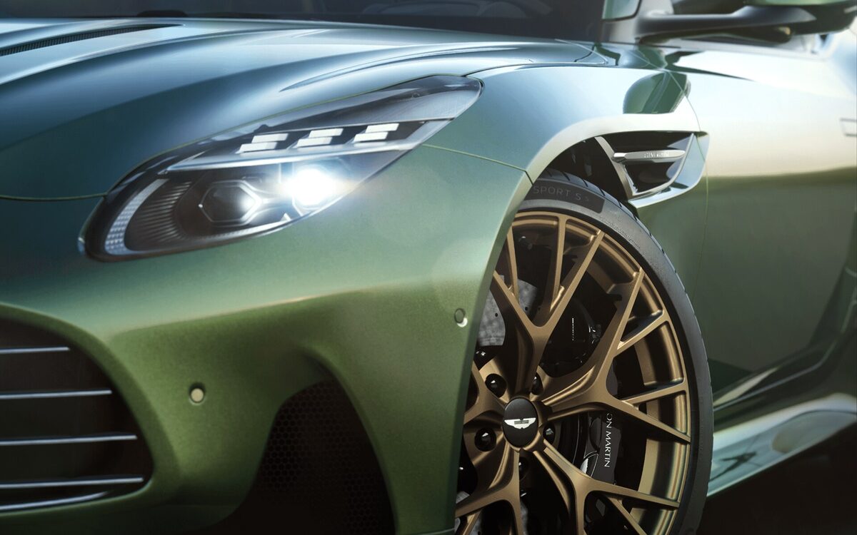 Close-up of the DB12 front wing, LED headlamp and bronze alloy wheel