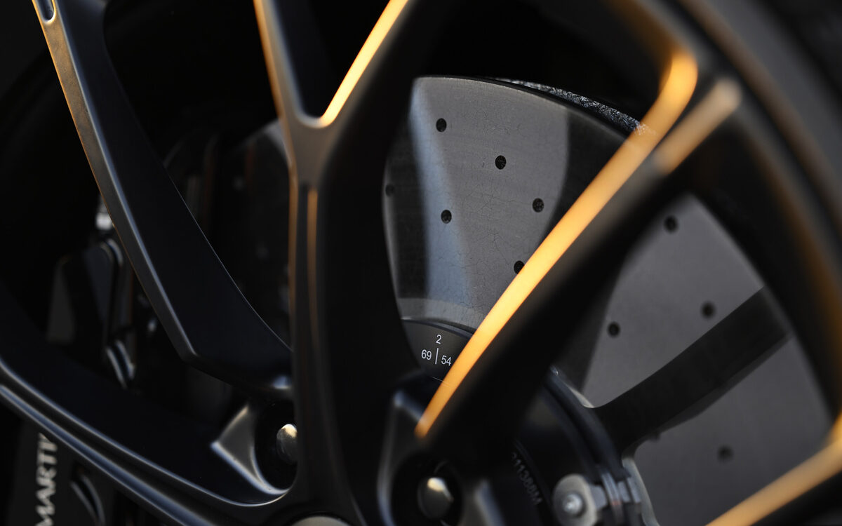 Close-up of the Vantage alloy wheel and drilled brake disc