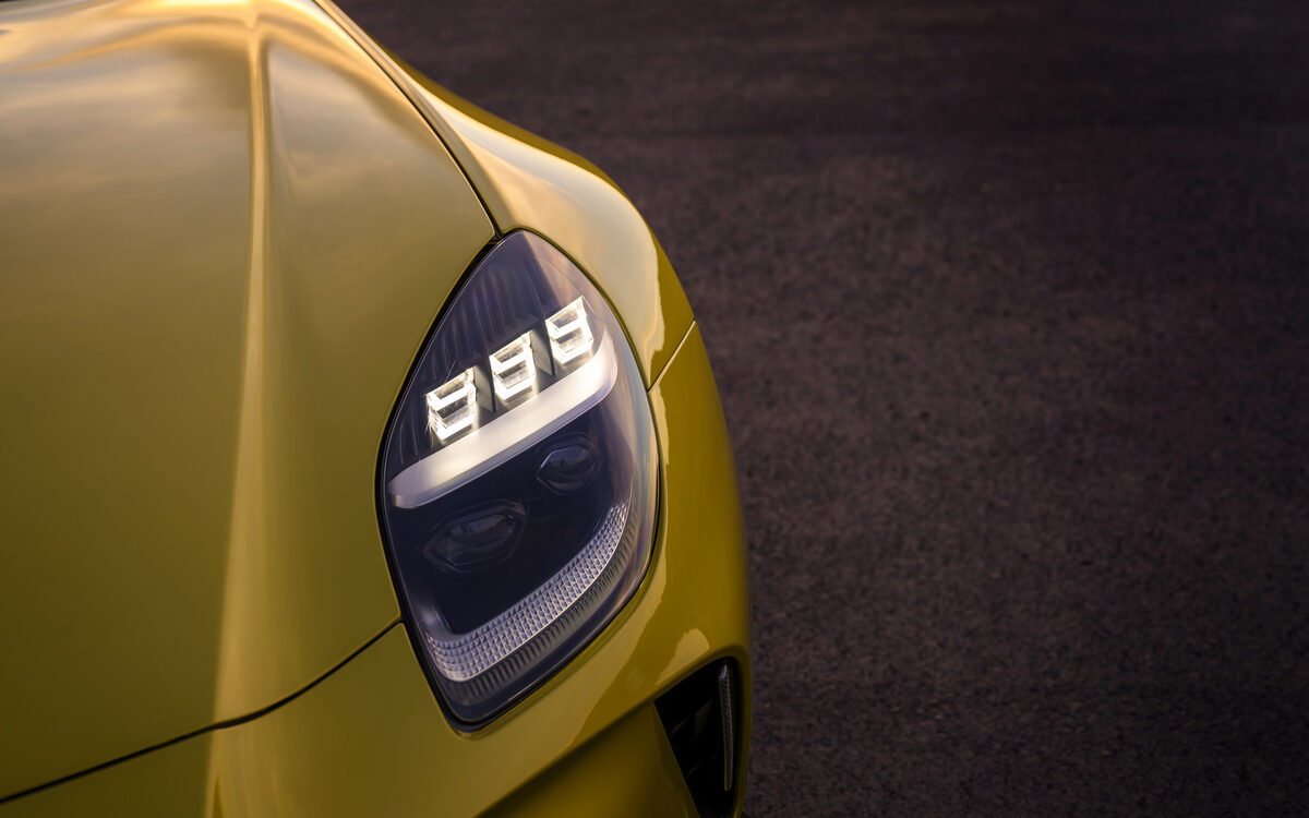 Close-up of the Vantage LED headlamp on a yellow car