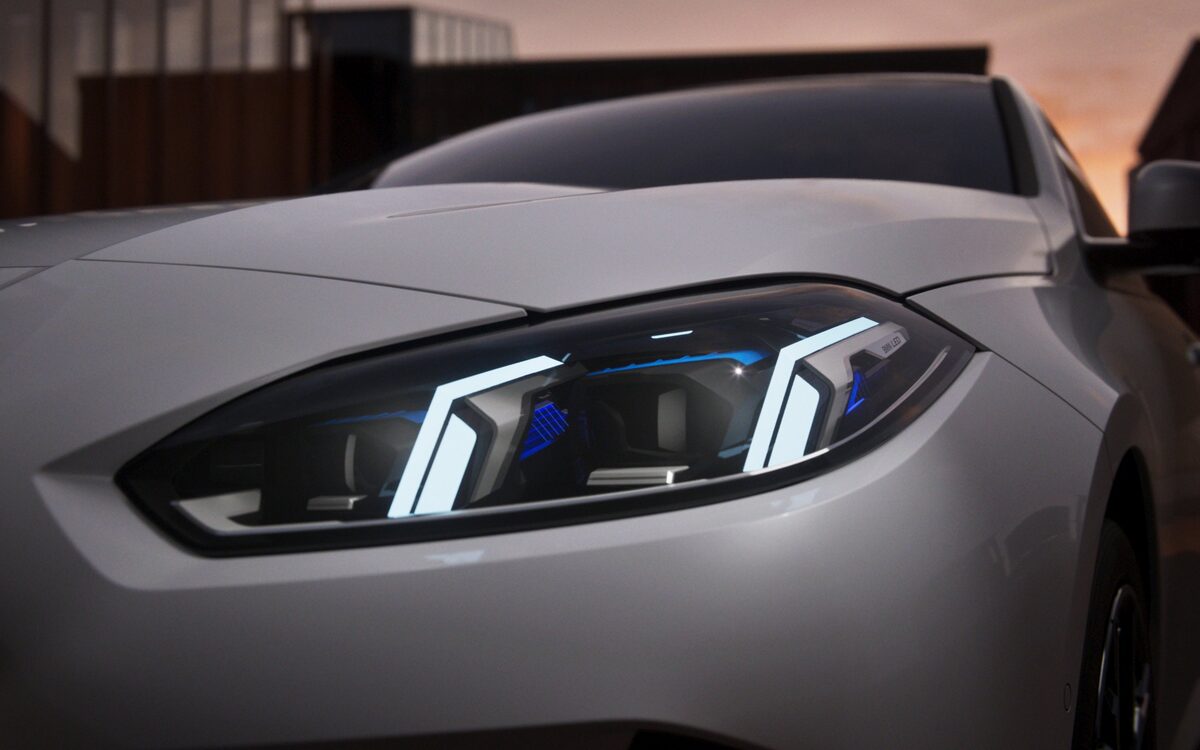 Close-up of the BMW 2 Series Gran Coupe LED headlamp at dusk