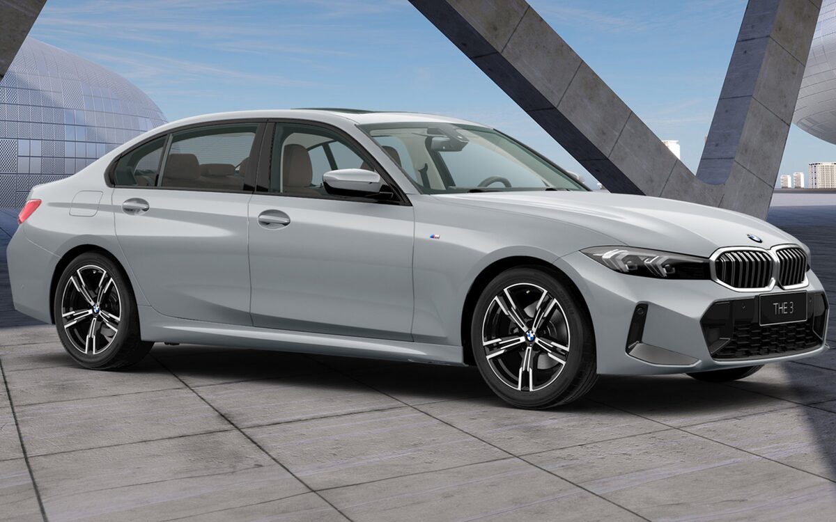 BMW 3 Series Long Wheelbase in silver, front three-quarter view on a paved plaza