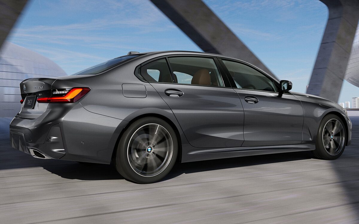 BMW 3 Series Long Wheelbase in grey, rear three-quarter view in motion