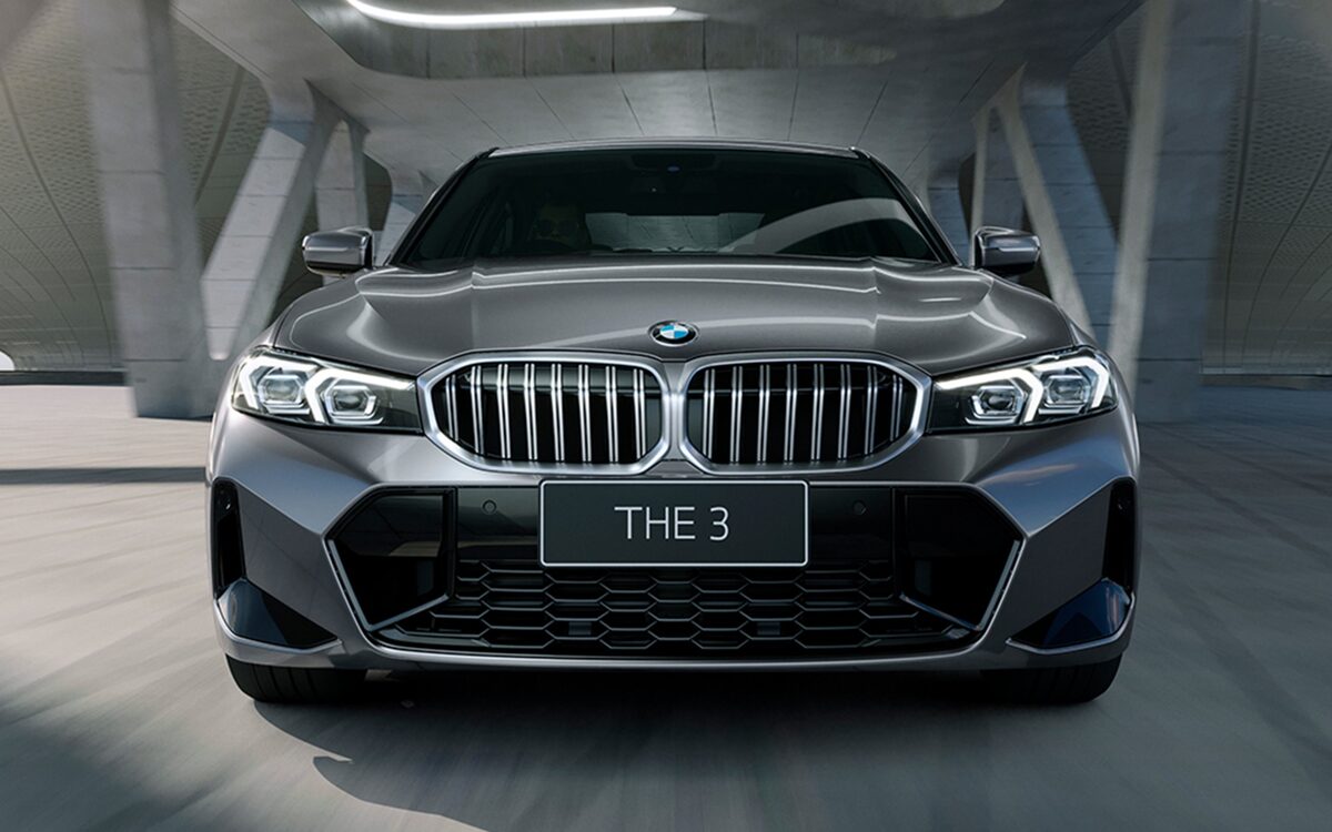 Front view of the BMW 3 Series Long Wheelbase with the kidney grille and headlamps