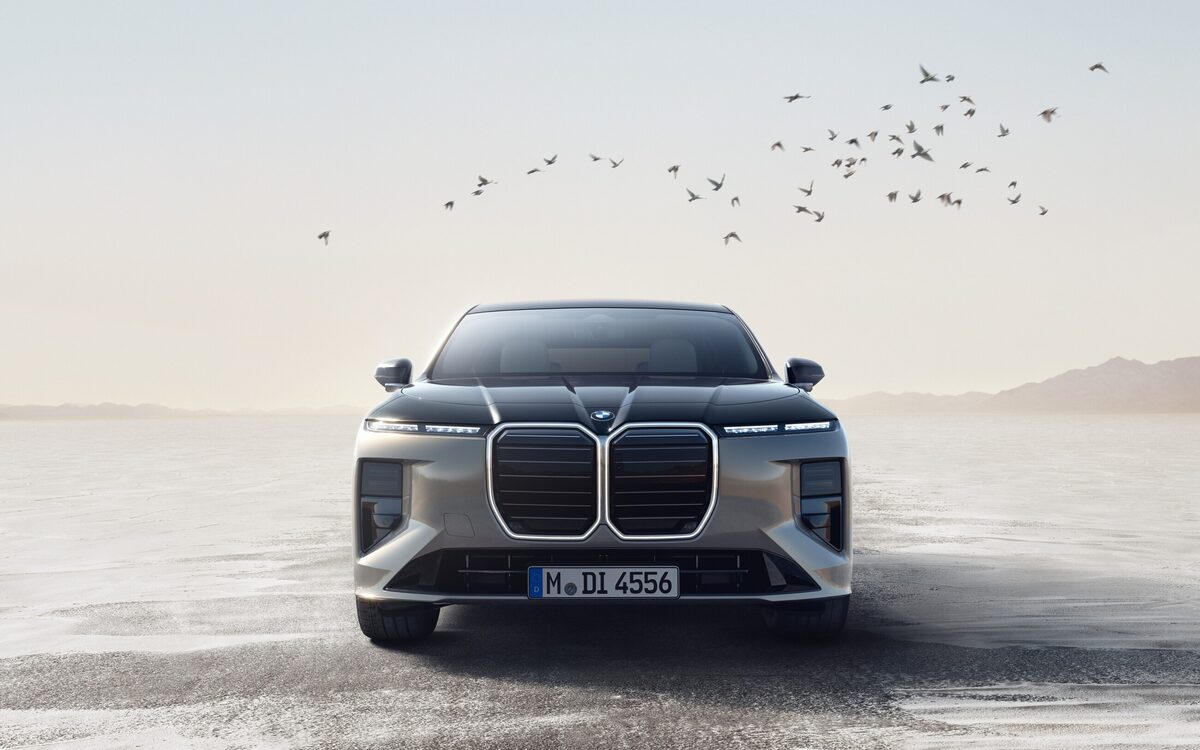 BMW 7 Series sedan seen head-on, twin kidney grille and slim lamps, on a pale open landscape