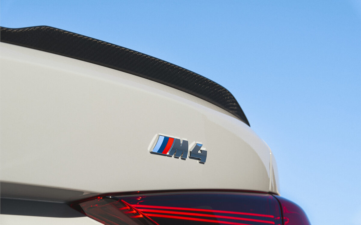 Close-up of the M4 badge, boot spoiler and tail lamp