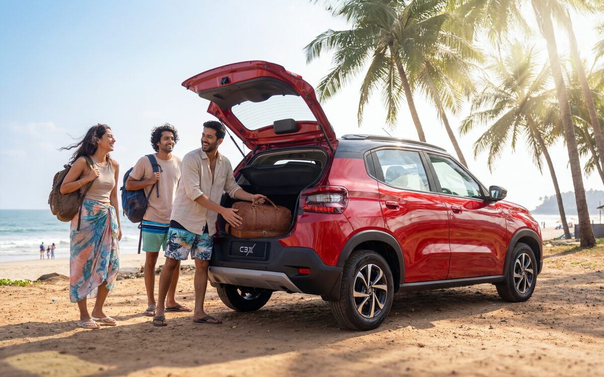 Citroen C3 in red with the tailgate open on a beach, friends loading bags