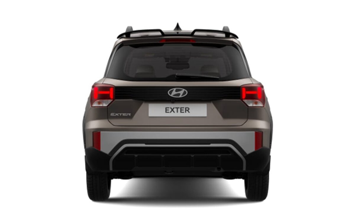 Hyundai Exter seen from directly behind, showing the tail lamps, spoiler and rear bumper on a white background