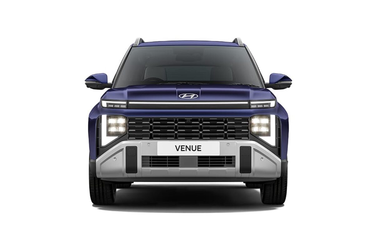 Hyundai Venue in Mystic Sapphire, straight front view on a plain white background