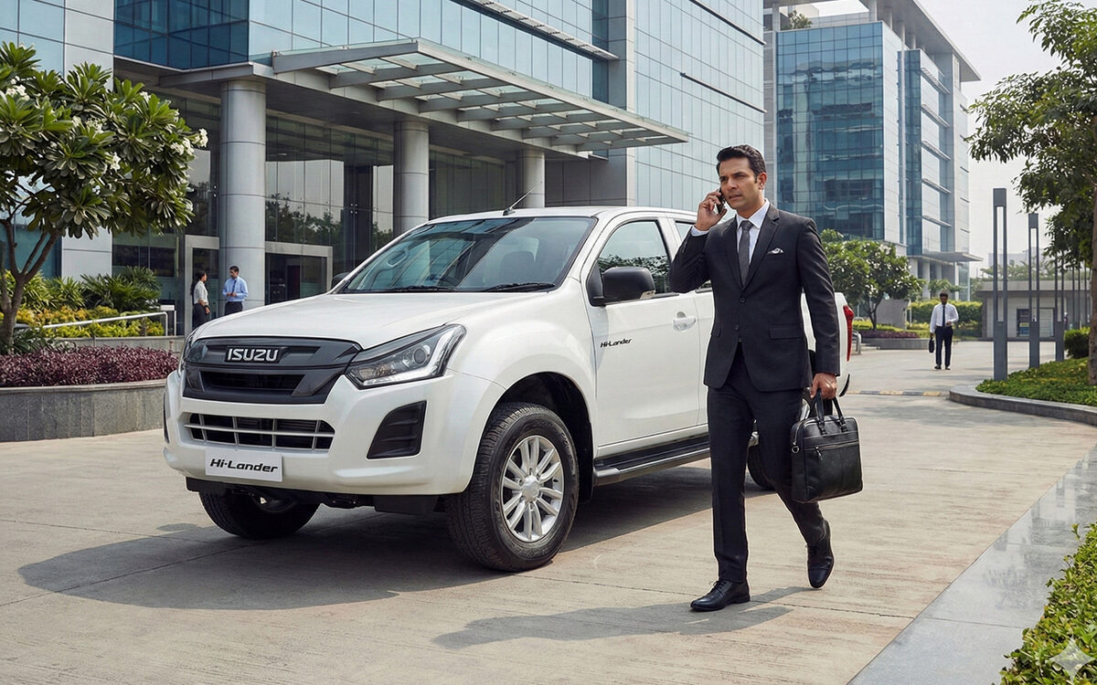 White Isuzu Hi-Lander in front of an office building with a man in a suit on a phone call