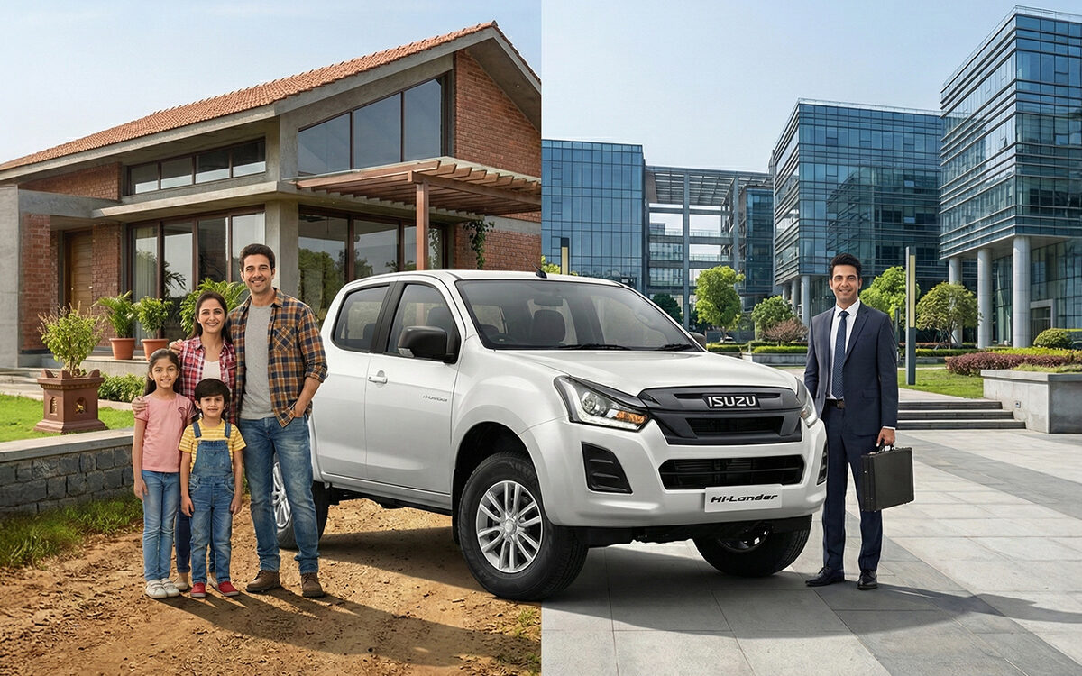 White Isuzu Hi-Lander with a family on one side and a man in a suit on the other