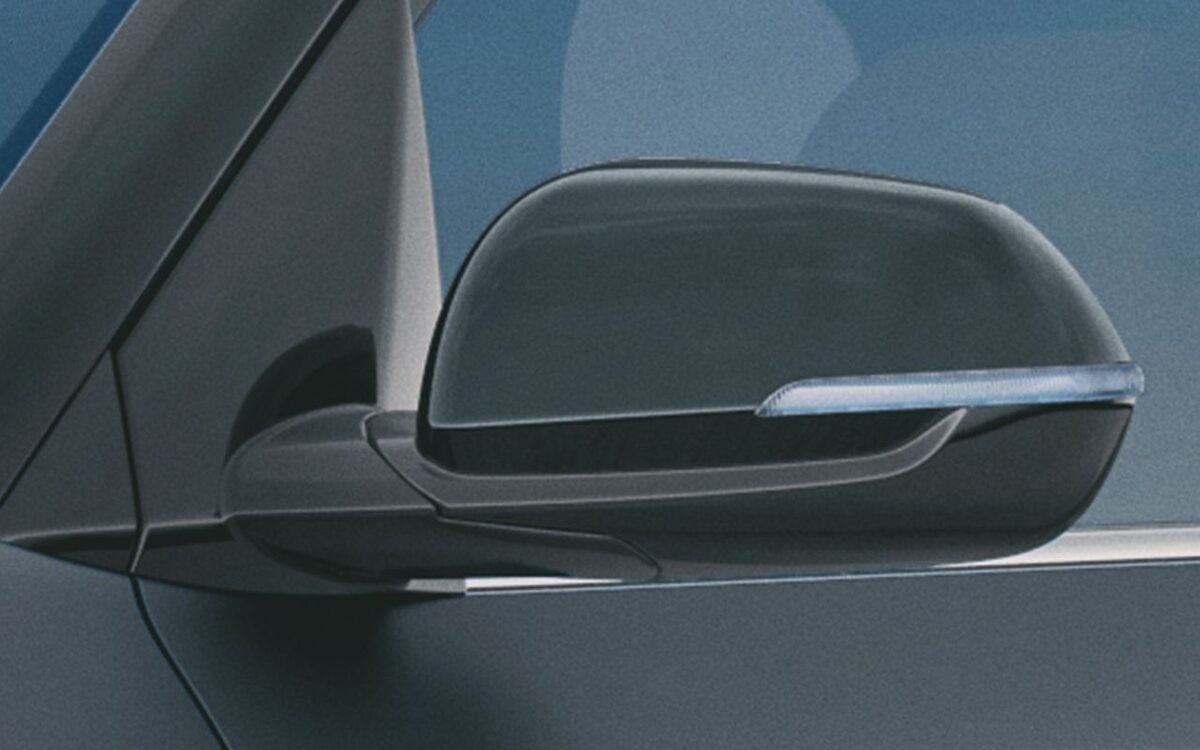 Close-up of the Kia Carens door mirror and window trim