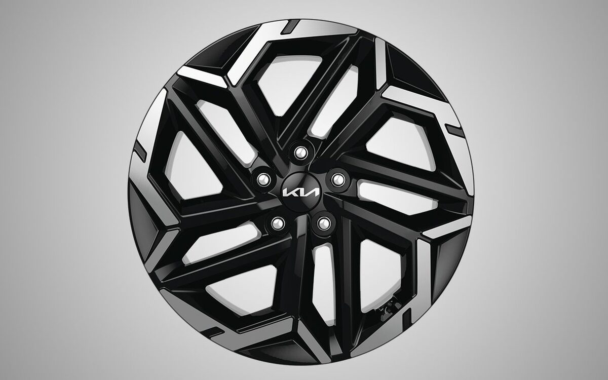 Close-up of the Kia Carnival black and silver alloy wheel