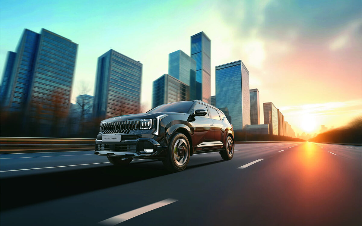 Black Kia Seltos driving on a city road at sunset with tall buildings behind