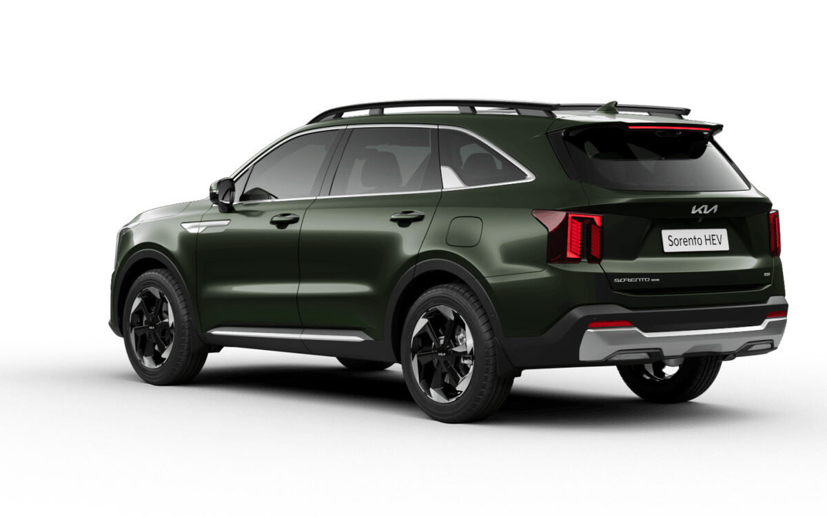 Kia Sorento Hybrid in Pewter Olive, rear three-quarter view on a plain white background showing the tail lamps and rear bumper