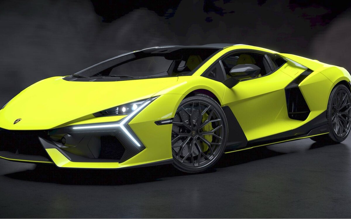 Lamborghini Revuelto in a bright lime-green paint, front three-quarter view in a dark studio