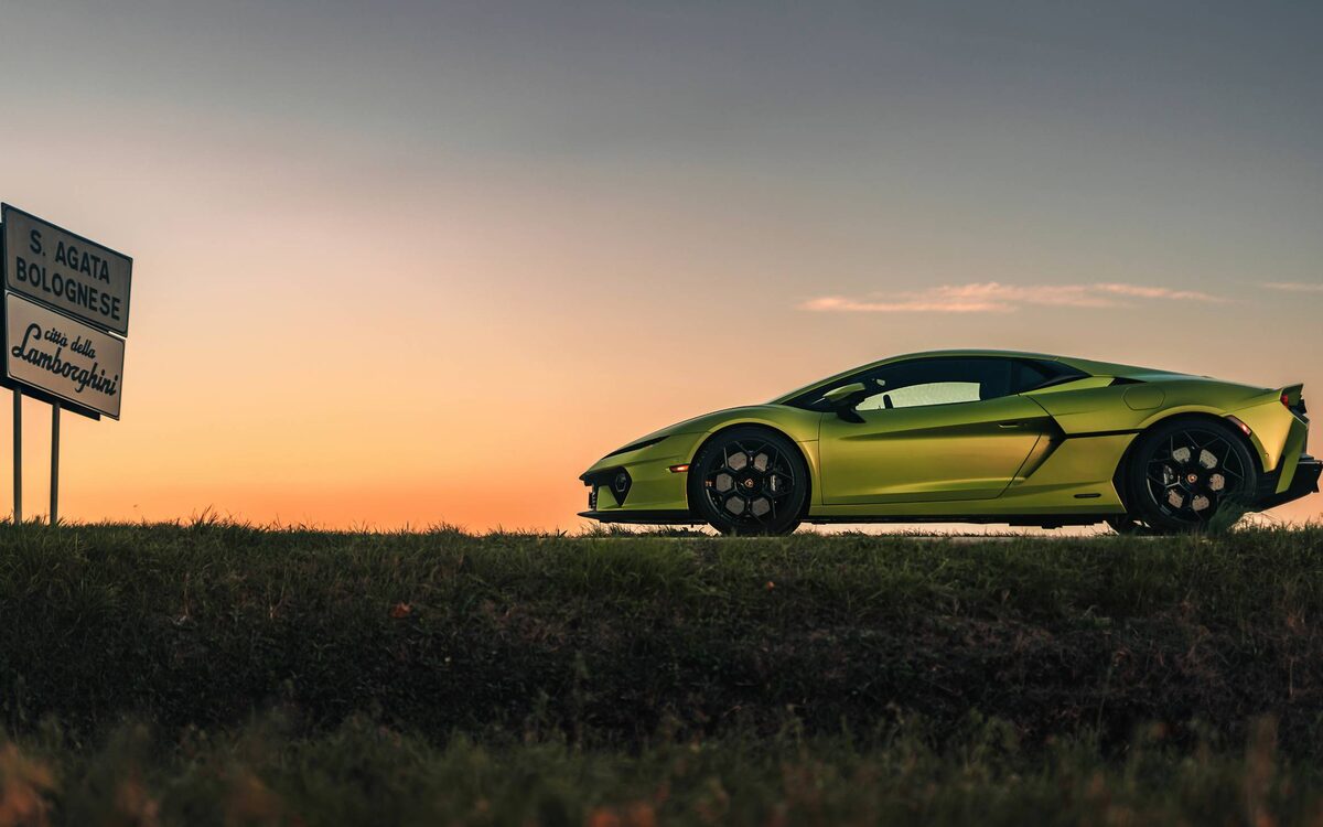 Lamborghini Temerario in green parked at sunset, side profile