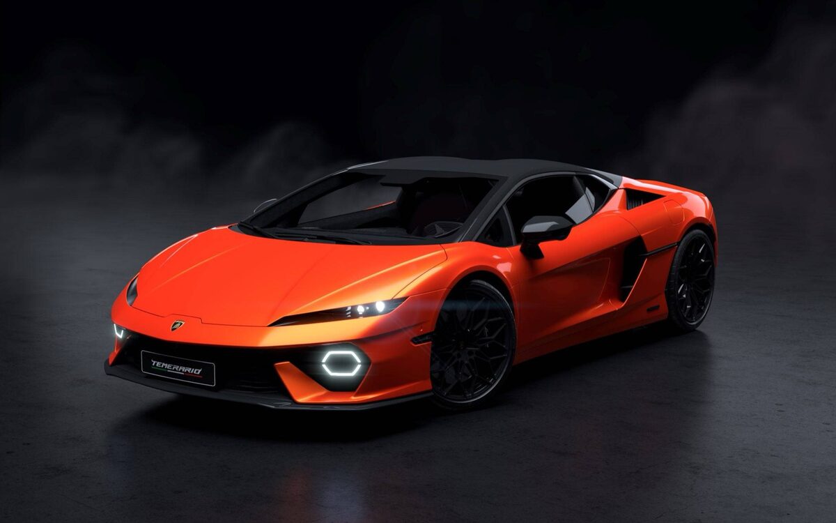 Lamborghini Temerario in orange, front three-quarter view in a dark studio