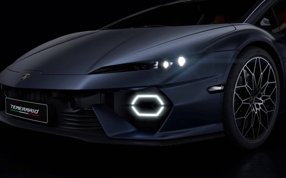 Lamborghini Temerario dark car front end showing the headlight, hexagonal light and wheel