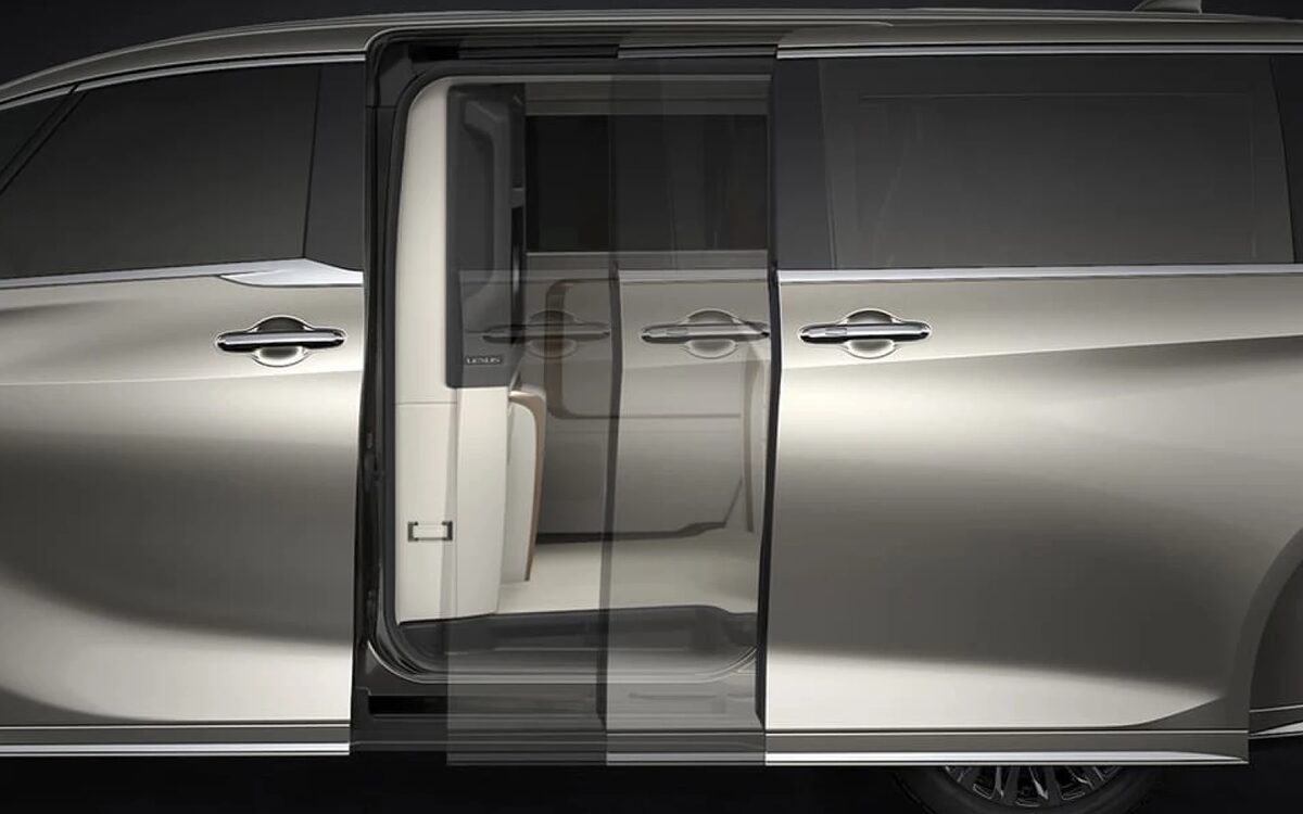 Lexus LM side view with the power sliding door open and the doorway cut away