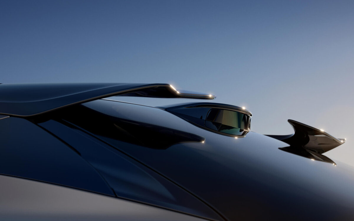 Close-up of the Lotus Eletre roof-mounted lidar sensor and wing mirror