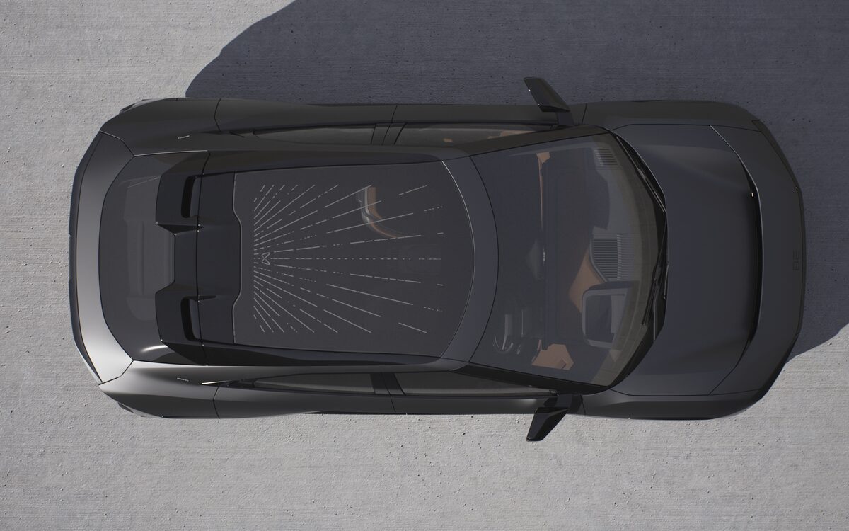 Mahindra BE 6 in grey seen straight from above, showing the large glass roof