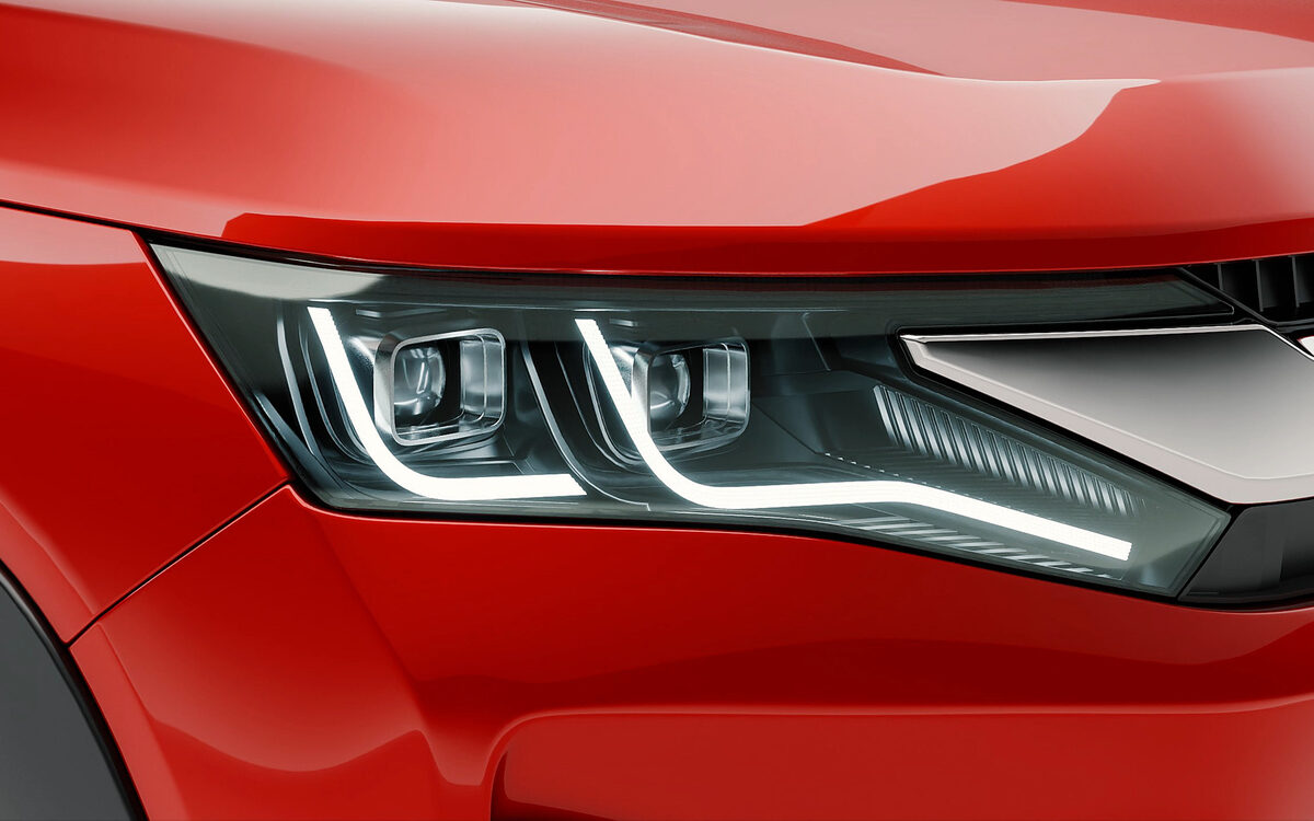 Close-up of the Brezza's LED headlamp with its light signature