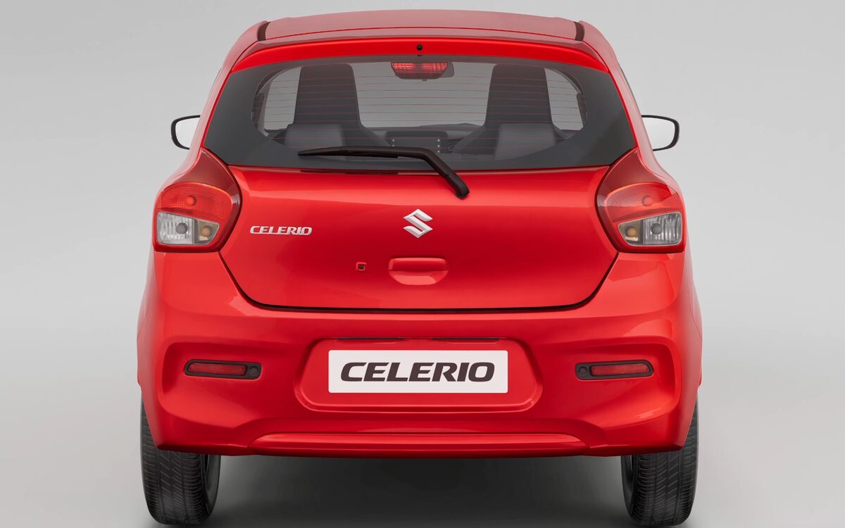 Rear view of a red Maruti Suzuki Celerio showing the tailgate, tail lamps and Celerio badge