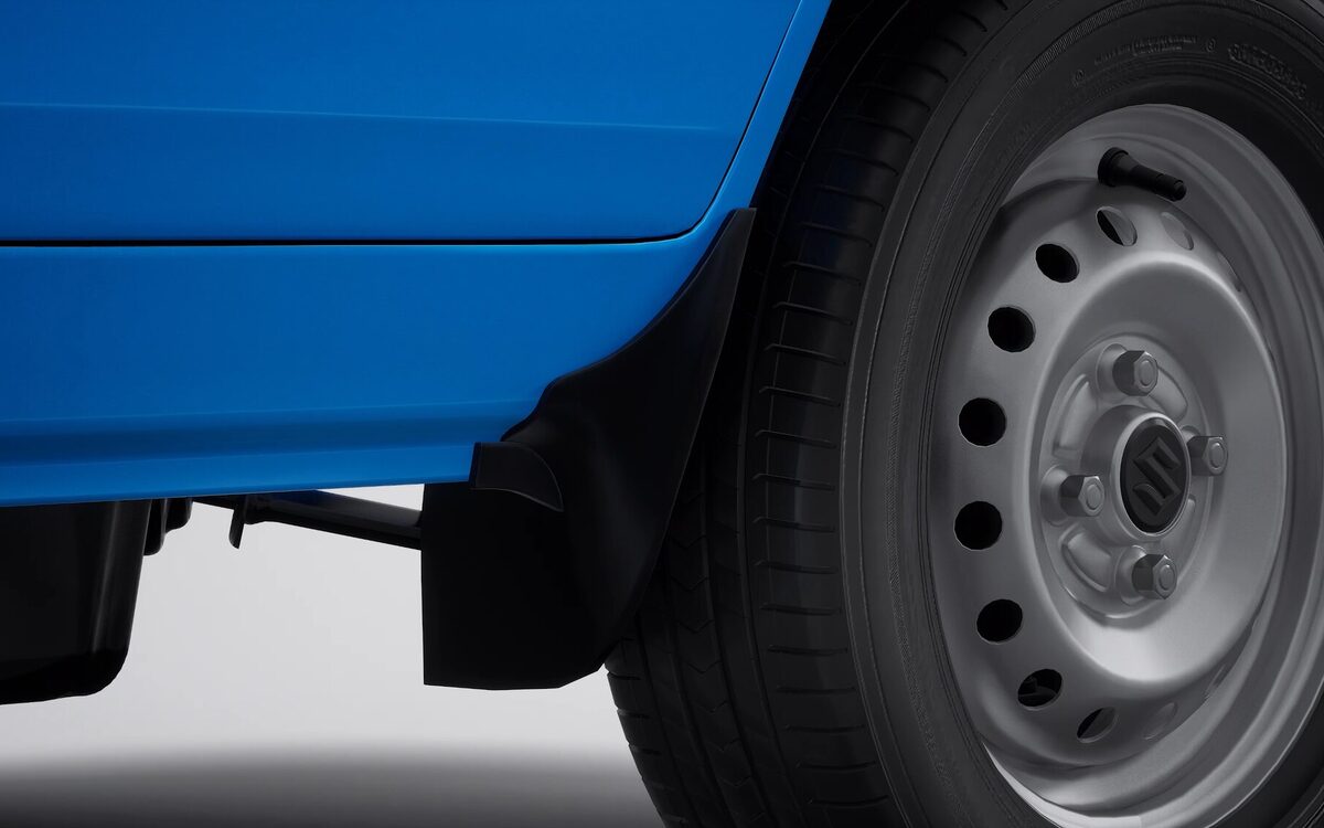 Eeco steel wheel with a black mudflap behind it