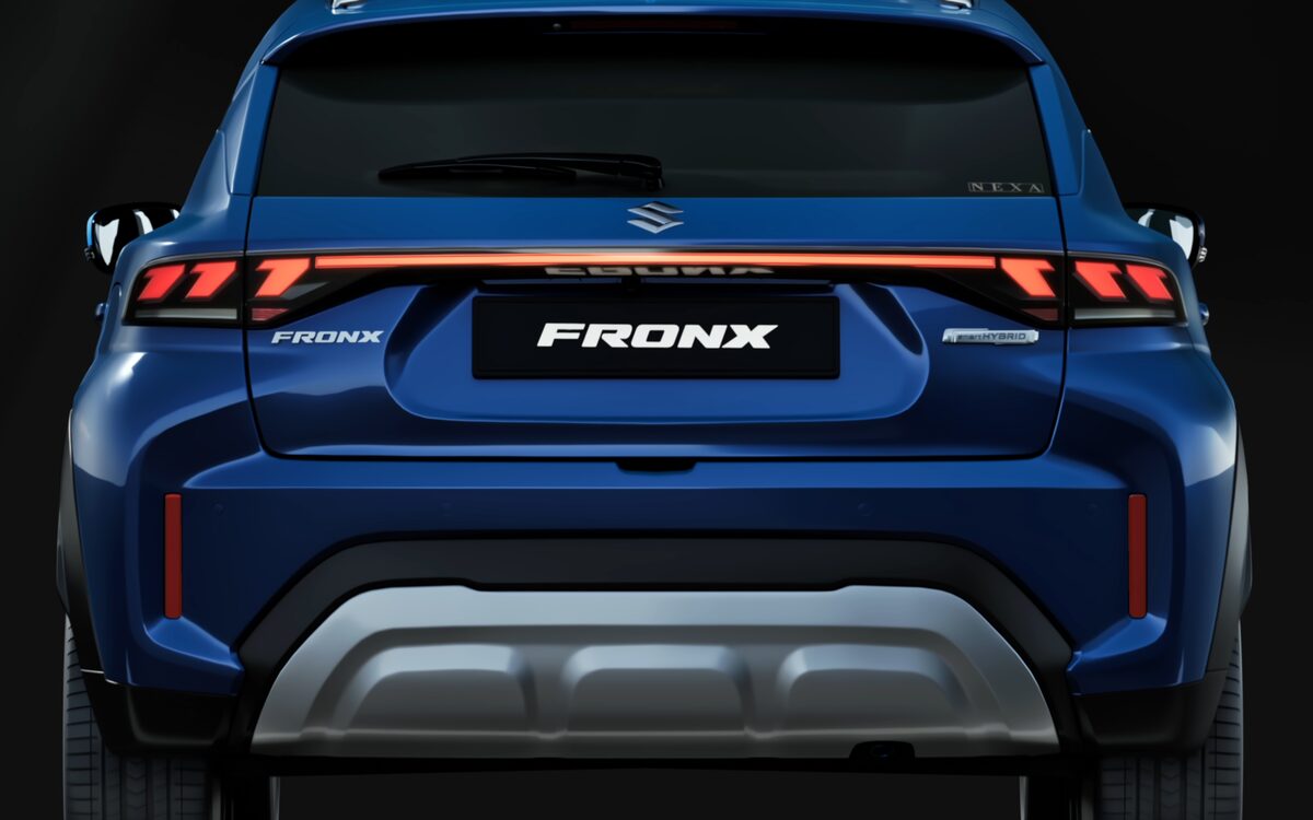 Rear of the Fronx showing the connected LED tail lamp bar and bumper