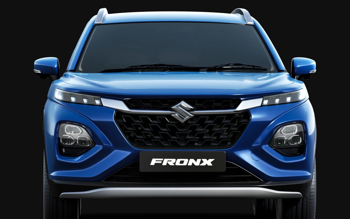 Maruti Suzuki Fronx in blue, straight front view showing the DRLs and grille