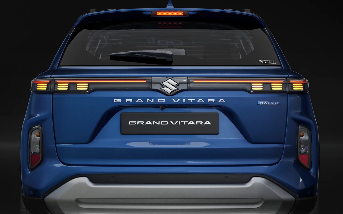 Rear of the Grand Vitara showing the connected LED tail lamp bar and skid plate