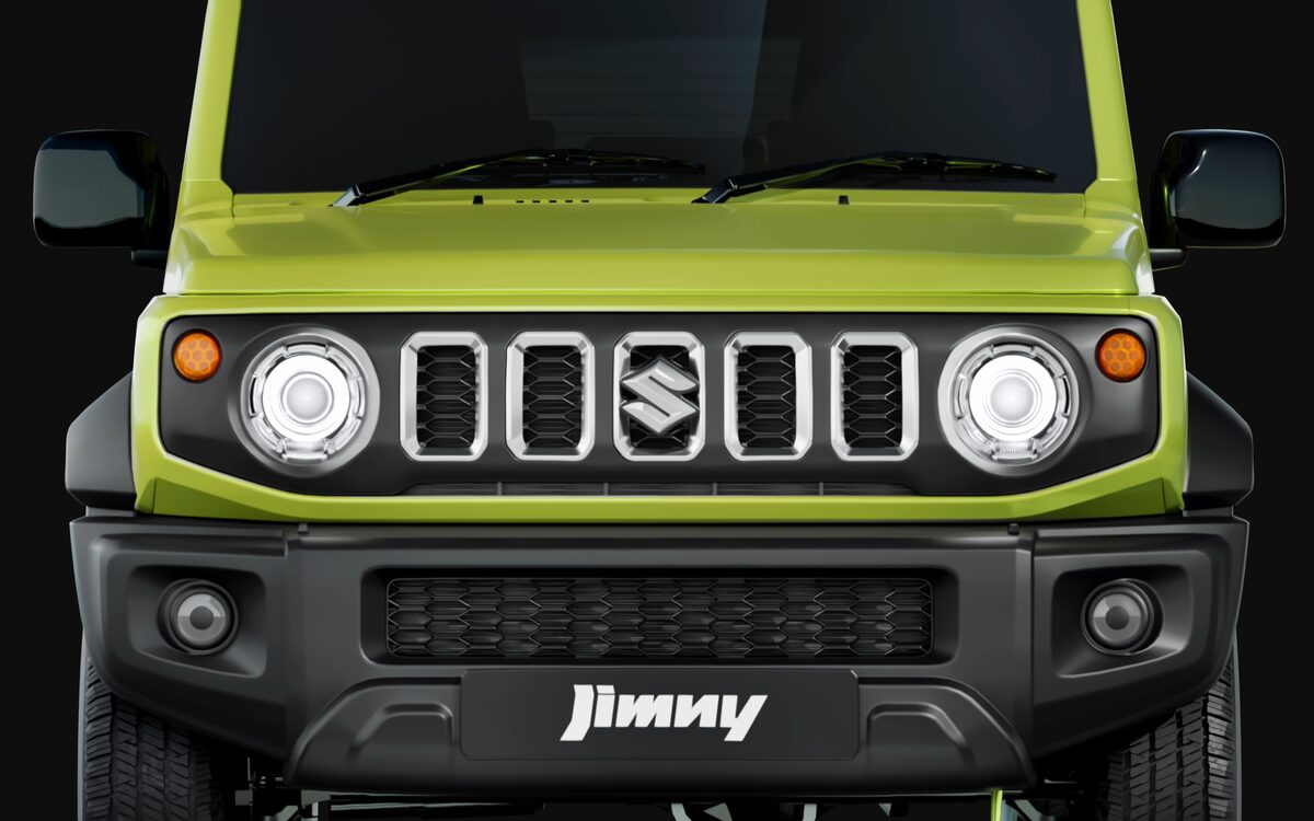Close-up of the Jimny round LED headlamps and five-slat grille