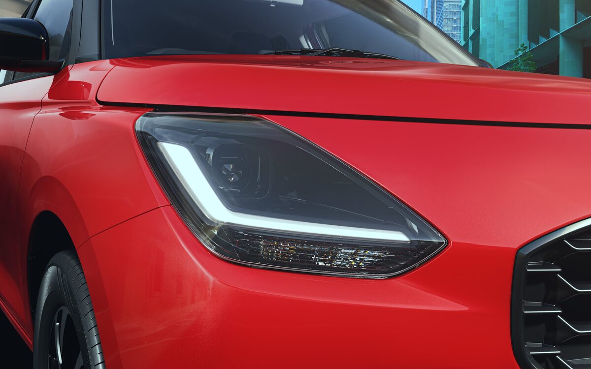 Close-up of the Swift's LED headlamp with signature DRL