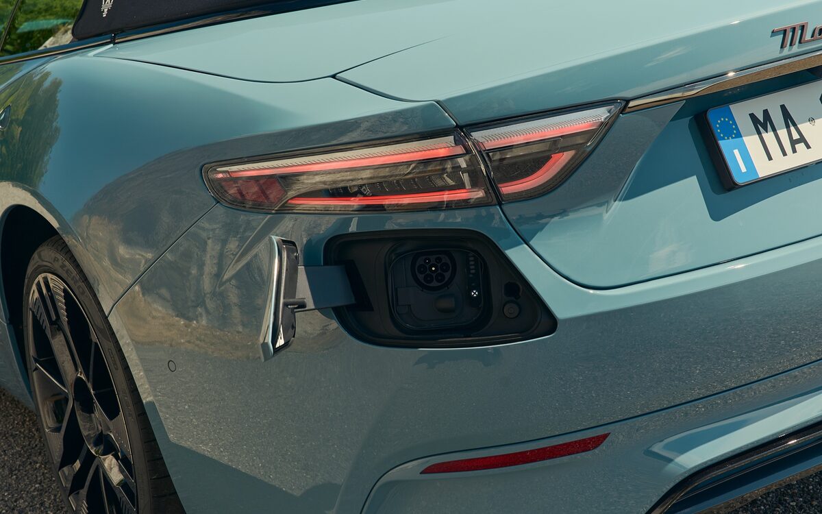 Close-up of the GranCabrio LED tail lamp and charge port flap
