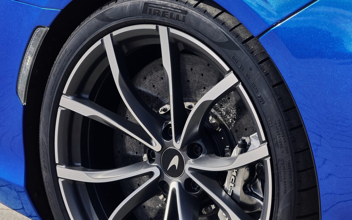 Close-up of the Artura alloy wheel with ceramic brake disc and Pirelli tyre