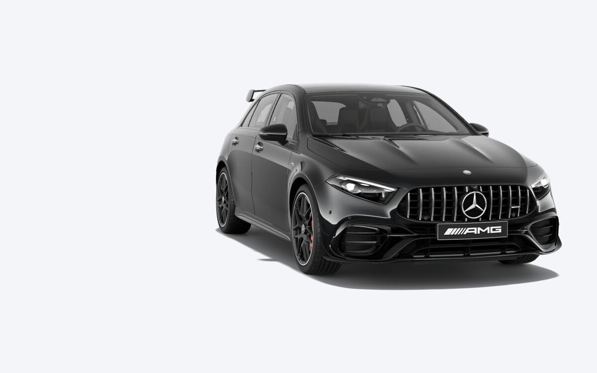Mercedes-AMG A 45 S in Cosmos Black, front three-quarter view on a transparent background