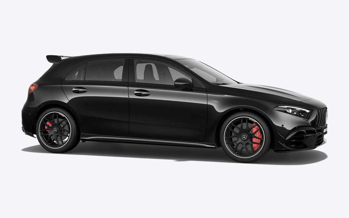 Mercedes-AMG A 45 S in Cosmos Black, side profile with red brake callipers on a transparent background